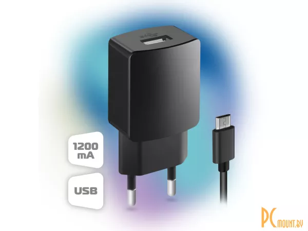Зарядное устройство GINZZU GA-3004B USB, black, 5В/ 1,2A + кабель микро USB 1м с длинным коннектором